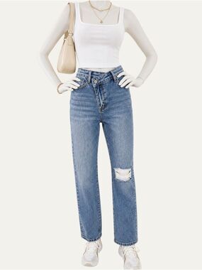 Judy Blue Cohen Criss Cross Dad Jeans Distressed High Rise NWT 1/25